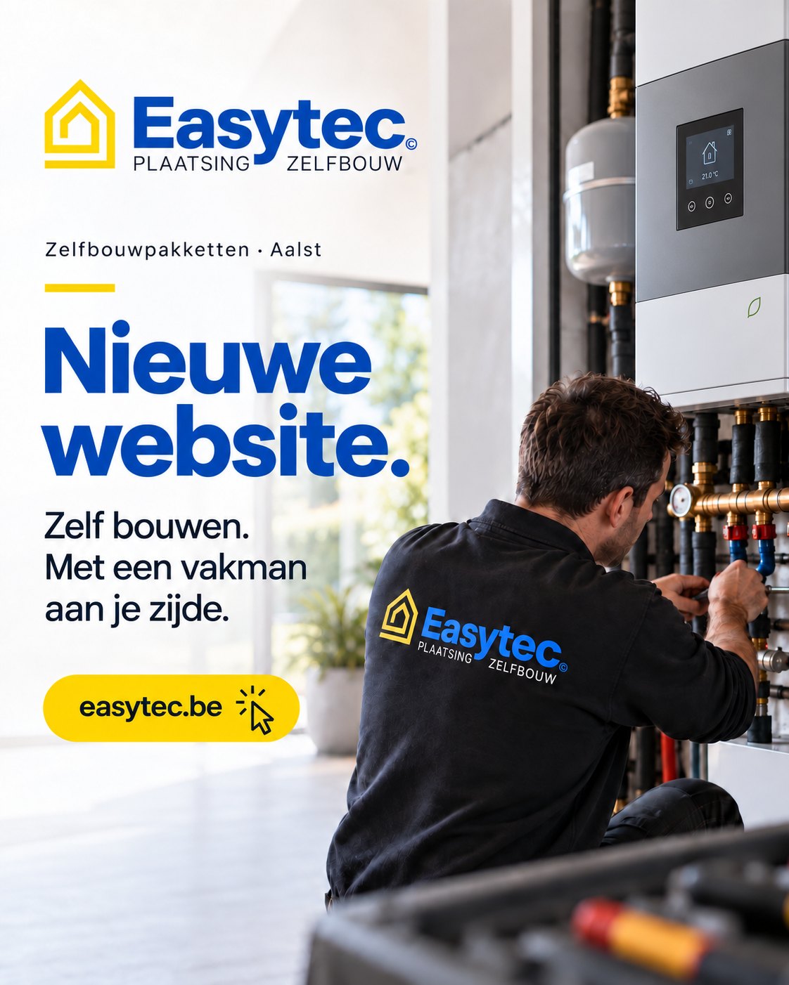 Nieuwe website van Easytec: zelf bouwen, met een vakman aan je zijde. Een installateur werkt aan een verwarmingsinstallatie.